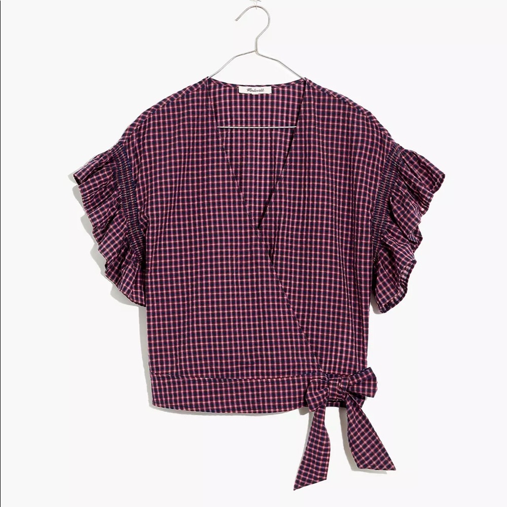 Madewell NWT Flutter-Sleeve Side-Tie Wrap Top in Plaid